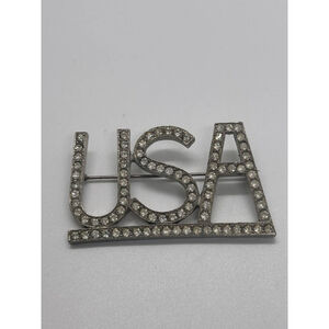 Vintage Patriotic USA Initial Silver Tone Brooch Pin Clear Rhinestone Patriotic
